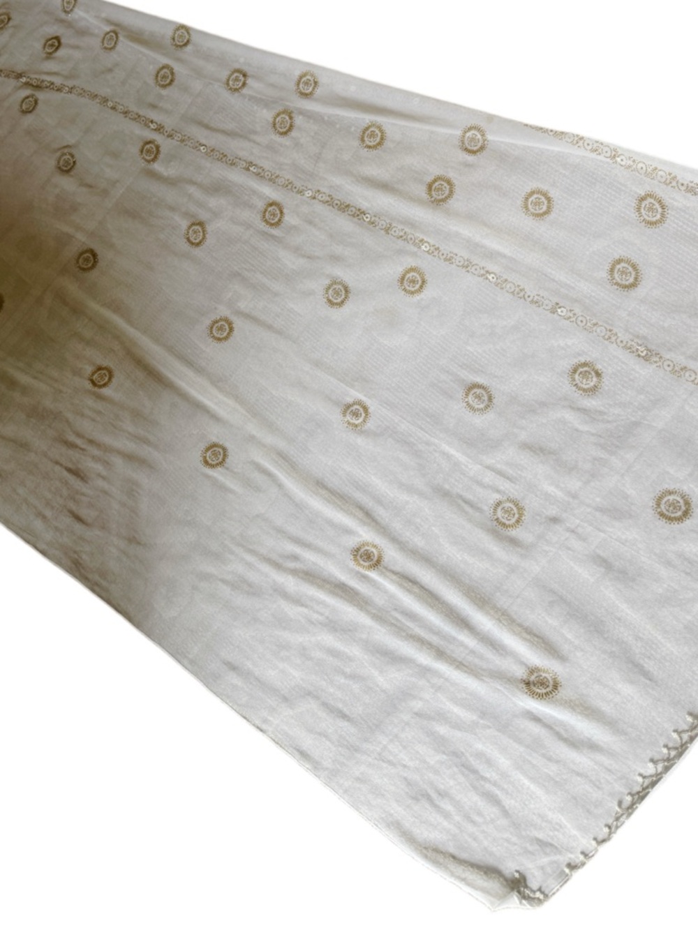 Sheer Embroidered Sunburst Panel white beaded 40x72” vintage India decor